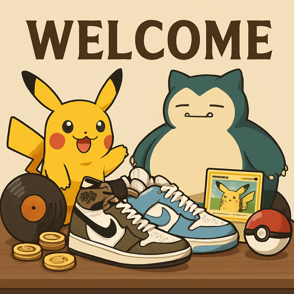 Create a welcome sign and use two Pokemon  characters pichacho and another one Add exclusive sneakers two different types and vinyls collectable items including coins high in demand items Professional-1